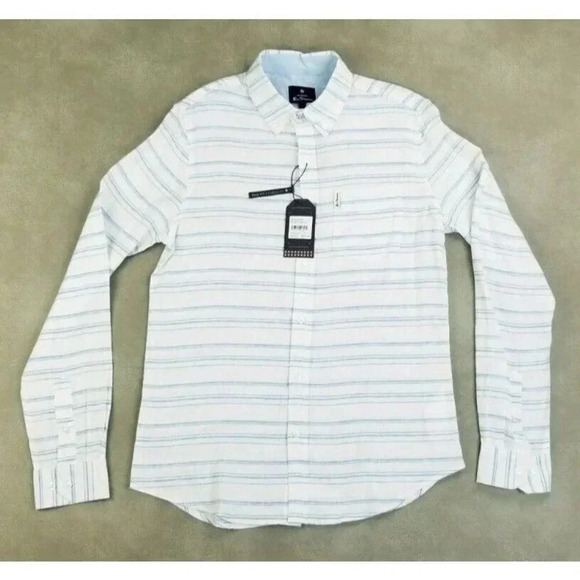 Ben Sherman Small Men's White Blue Stripe Pocket Tag Logo Linen Rayon Blend - Picture 1 of 11